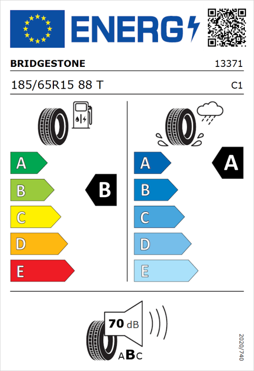 Tyre Label for Bridgestone Turanza T005 185/65R15 88T