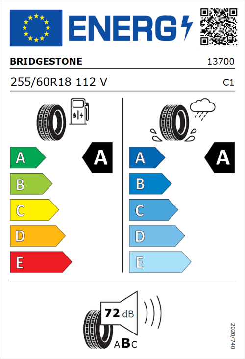 Tyre Label for Bridgestone Turanza T005 255/60R18 112V