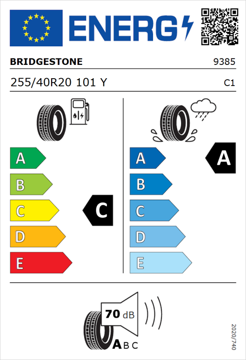 Tyre Label for Bridgestone Turanza T005 255/40R20 101Y