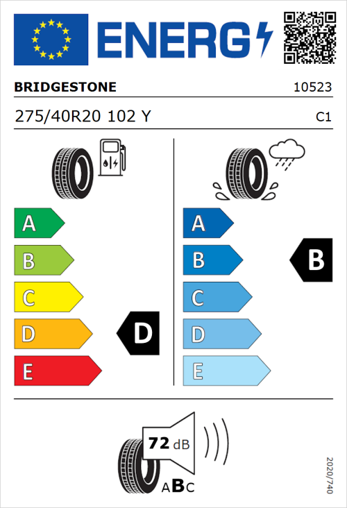Tyre Label for Bridgestone Turanza T005 275/40R20 102Y