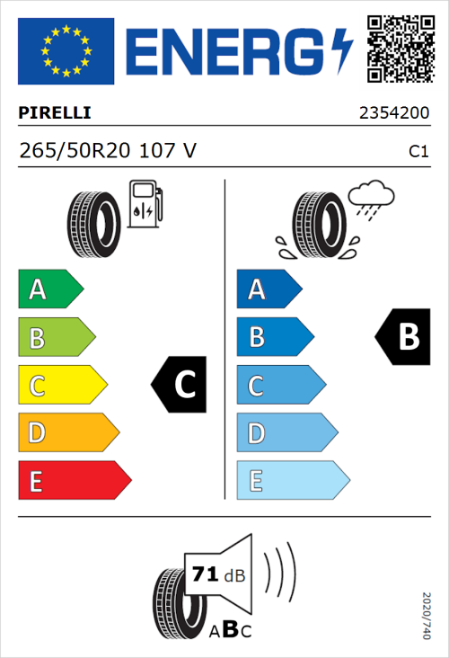 Tyre Label for Pirelli Scorpion Verde All Season 265/50R20 107V